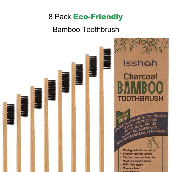 Isshah Biodegradable Eco-Friendly Natural Compostable Bamboo Toothbrush - Pack Of 8