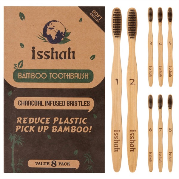 Isshah Biodegradable Organic Charcoal Infused BPA Free Bristles Natural Bamboo Toothbrush, Pack of 8
