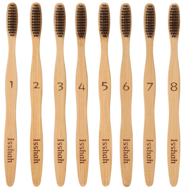 Isshah Biodegradable Organic Charcoal Infused BPA Free Bristles Natural Bamboo Toothbrush, Pack of 8