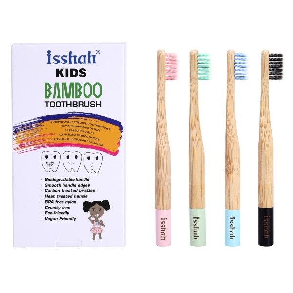 Isshah Children Size Biodegradable Handle BPA Free Eco Friendly Kids Natural Bamboo Toothbrush, Pack of 4 (Germany Imported Spiral Soft Nylon Bristles)