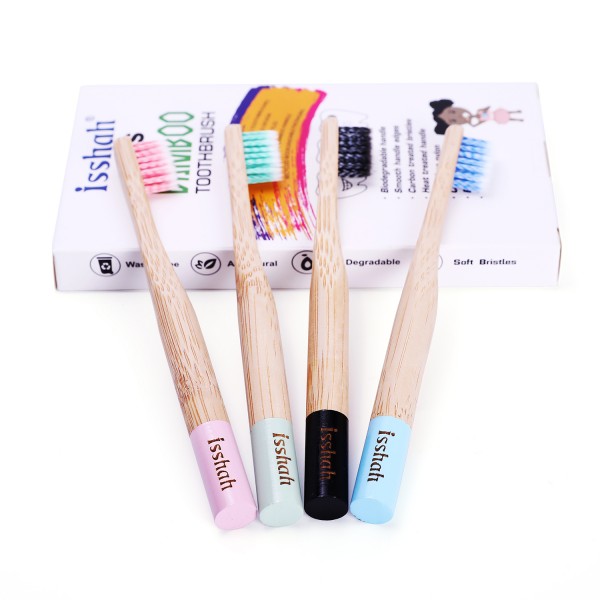 Isshah Children Size Biodegradable Handle BPA Free Eco Friendly Kids Natural Bamboo Toothbrush, Pack of 4 (Germany Imported Spiral Soft Nylon Bristles)